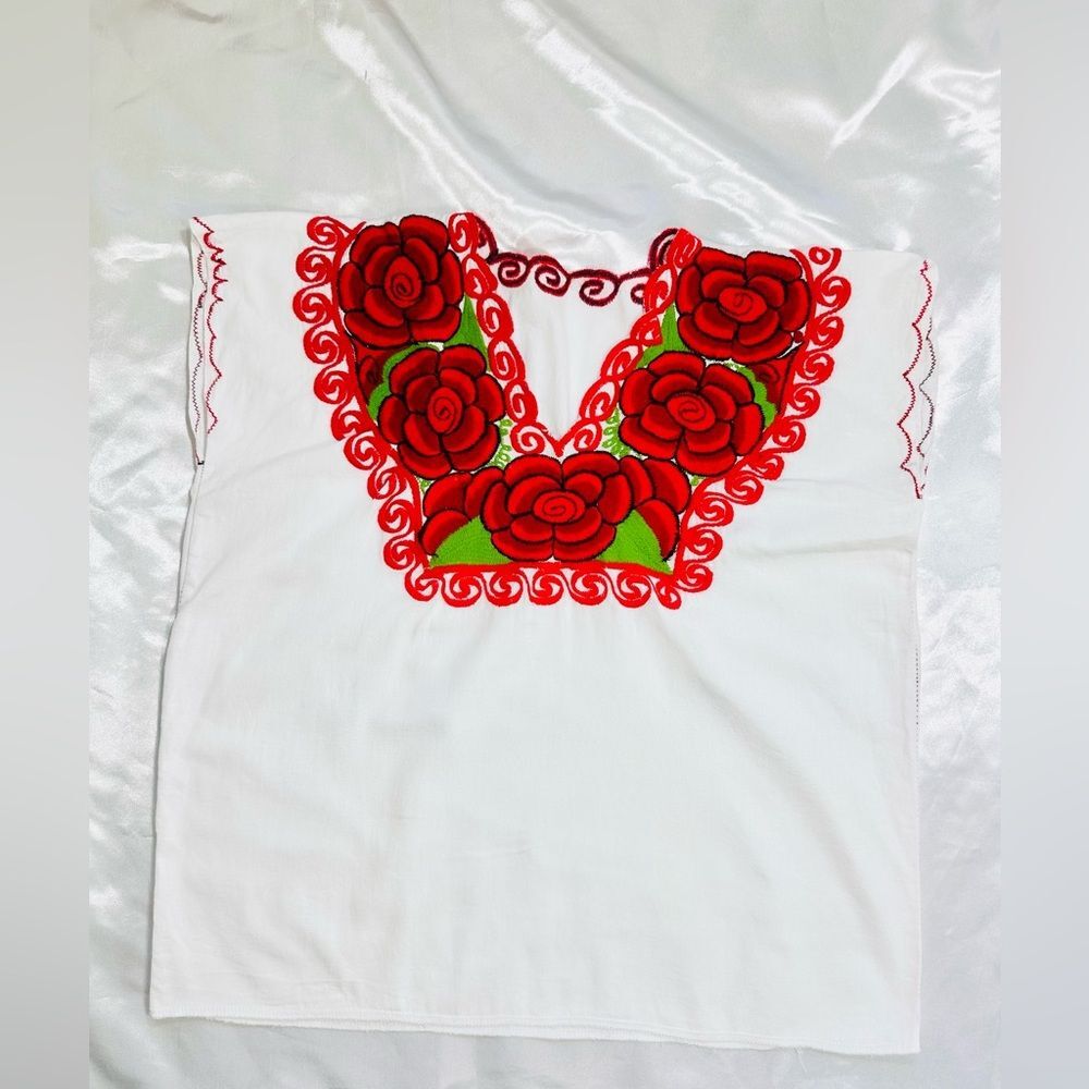 Mexican Folk SZ M ArtBoho Peasant Blouse Festive 100% Cotton Colorful Red Roses